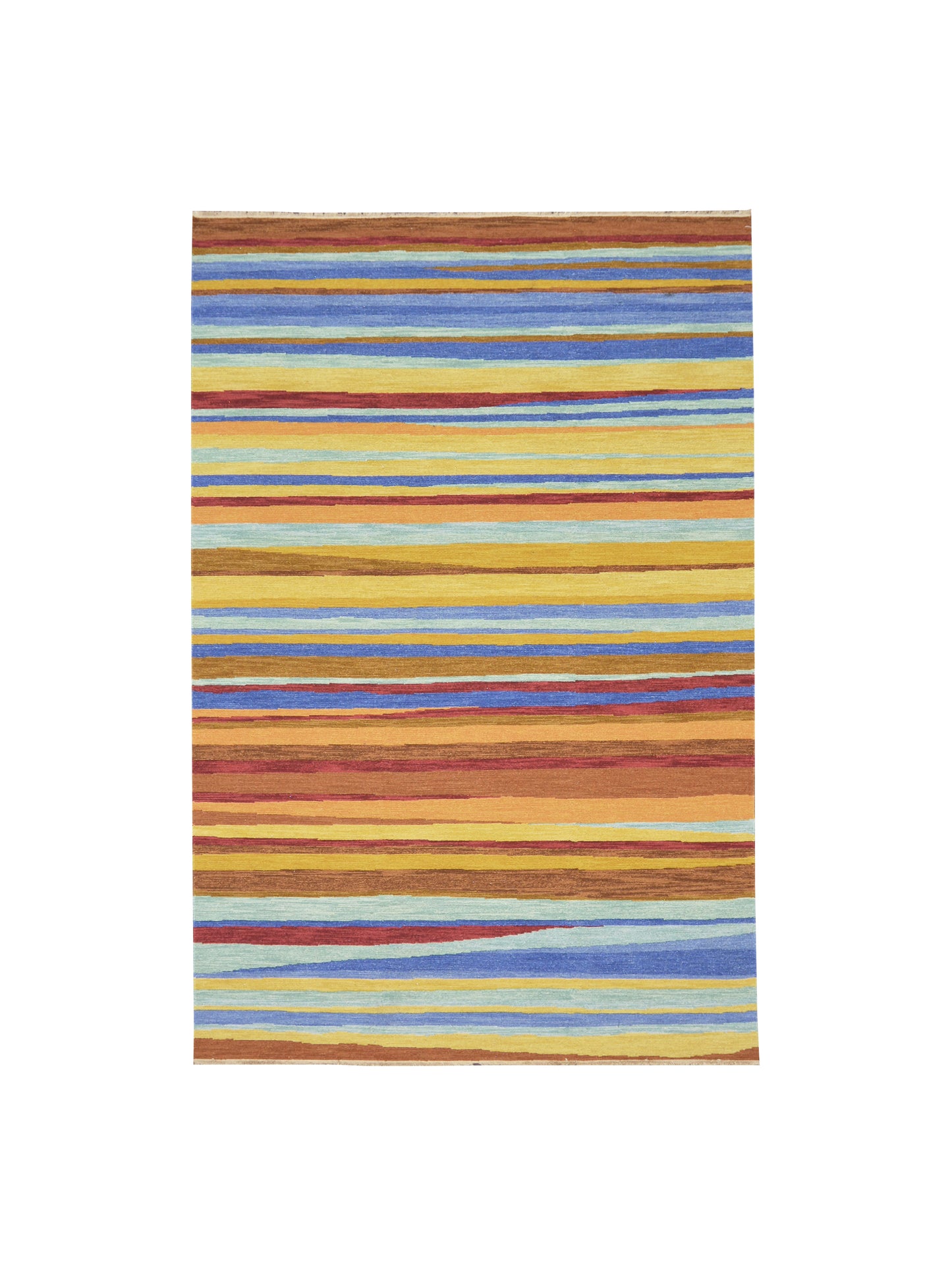 Yellow and Multy, Pure Wool Lo-Pile Modern Strips Soumak Handknotted 6.2x9.2Ft 187x279Cms Area Rug