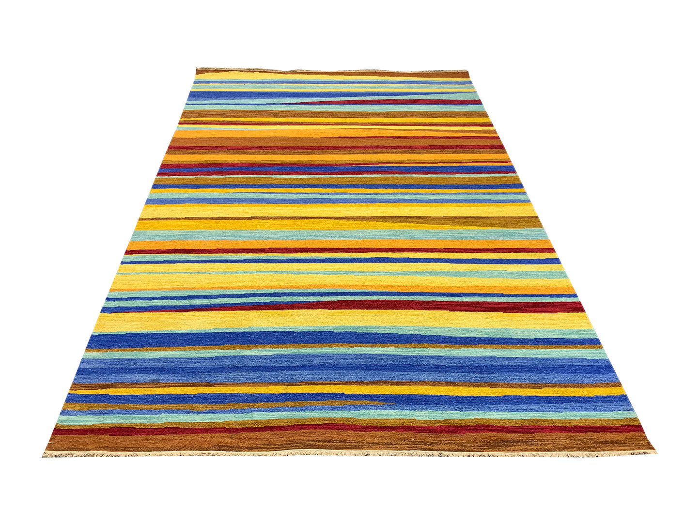 Yellow and Multy, Pure Wool Lo-Pile Modern Strips Soumak Handknotted 6.2x9.2Ft 187x279Cms Area Rug