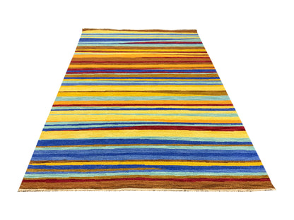 Yellow and Multy, Pure Wool Lo-Pile Modern Strips Soumak Handknotted 6.2x9.2Ft 187x279Cms Area Rug