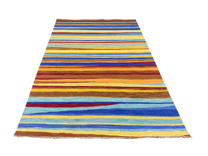 Yellow and Multy, Pure Wool Lo-Pile Modern Strips Soumak Handknotted 6.2x9.2Ft 187x279Cms Area Rug