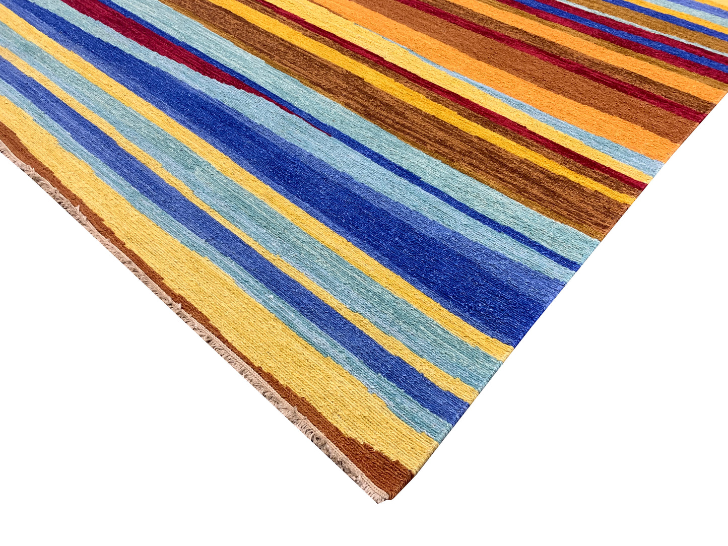 Yellow and Multy, Pure Wool Lo-Pile Modern Strips Soumak Handknotted 6.2x9.2Ft 187x279Cms Area Rug