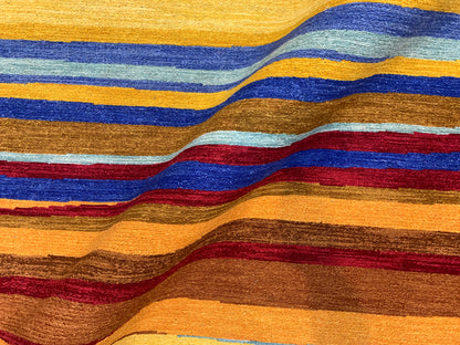 Yellow and Multy, Pure Wool Lo-Pile Modern Strips Soumak Handknotted 6.2x9.2Ft 187x279Cms Area Rug