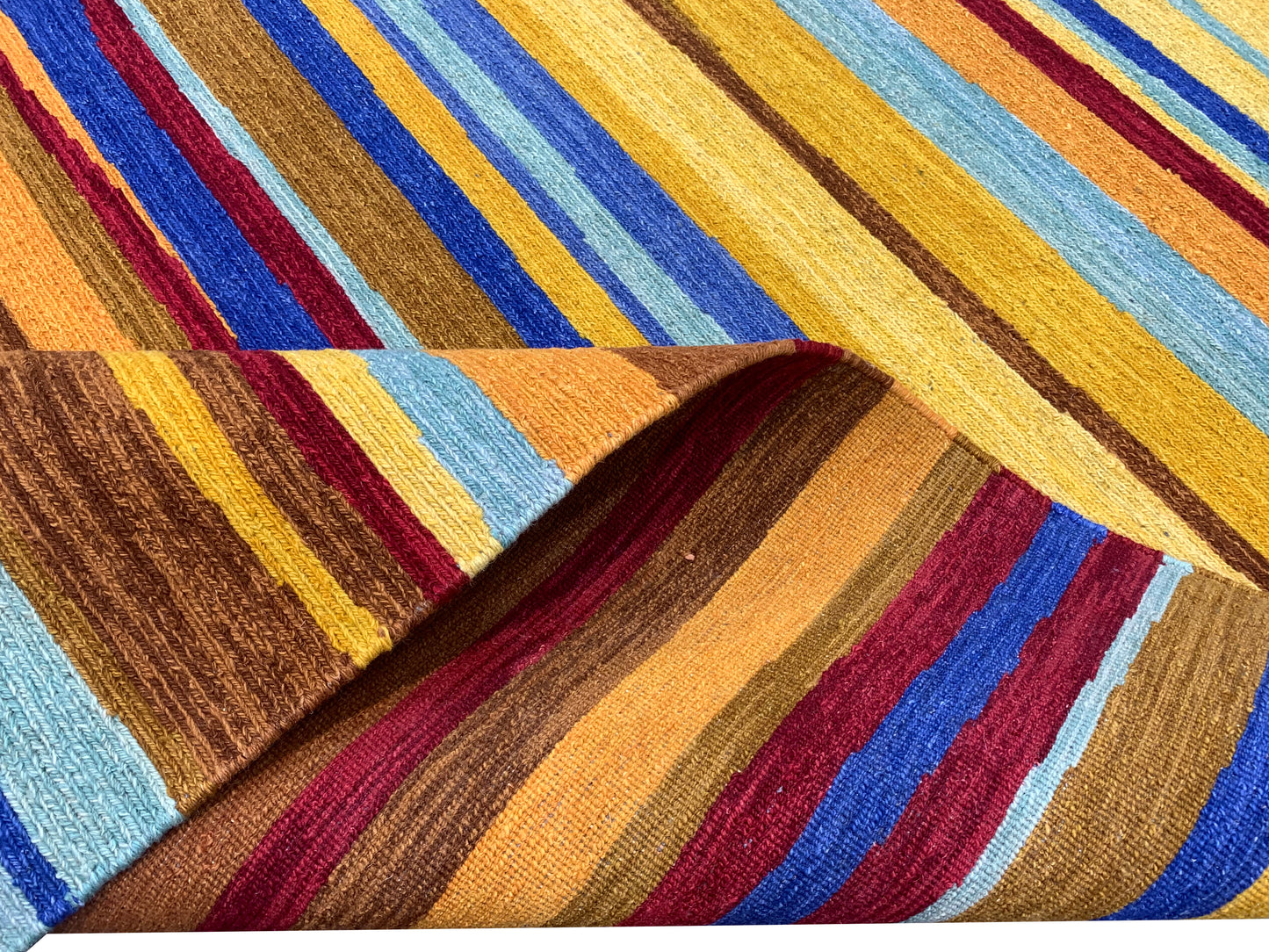 Yellow and Multy, Pure Wool Lo-Pile Modern Strips Soumak Handknotted 6.2x9.2Ft 187x279Cms Area Rug