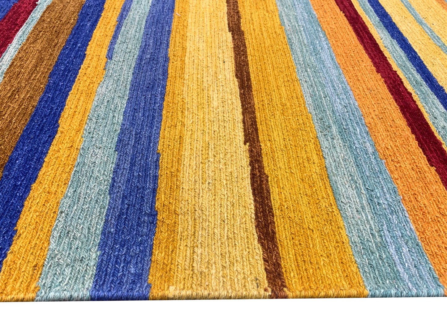 Yellow and Multy, Pure Wool Lo-Pile Modern Strips Soumak Handknotted 6.2x9.2Ft 187x279Cms Area Rug