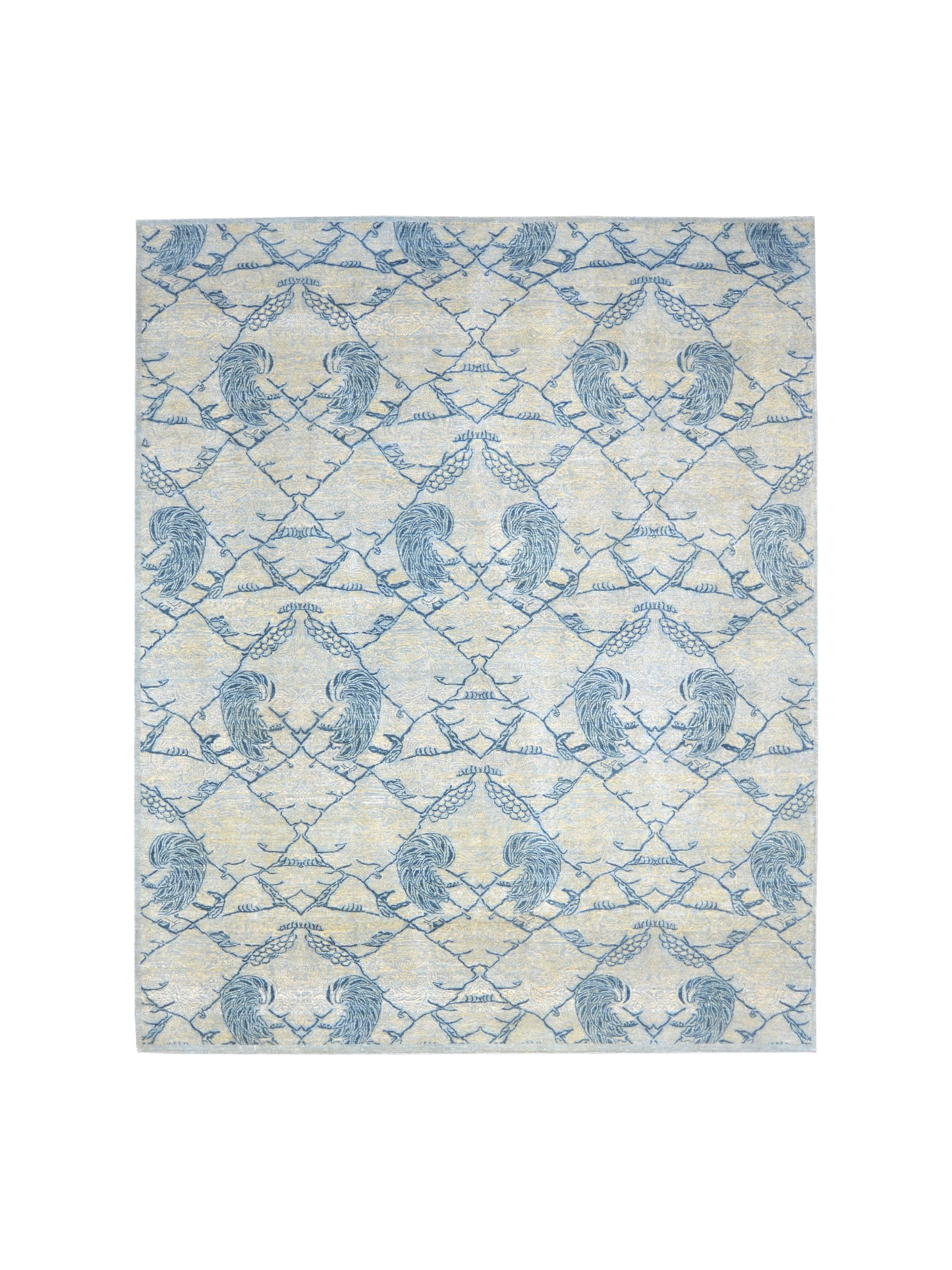 Grey and Blue, Pure Wool Zero Pile Transitional Handknotted 7.9x10.1Ft 240x304Cms Area Rug
