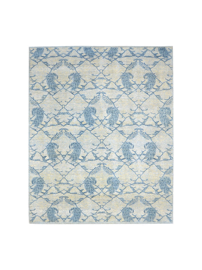 Grey and Blue, Pure Wool Zero Pile Transitional Handknotted 7.9x10.1Ft 240x304Cms Area Rug