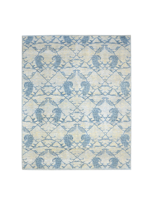 Grey and Blue, Pure Wool Zero Pile Transitional Handknotted 7.9x10.1Ft 240x304Cms Area Rug
