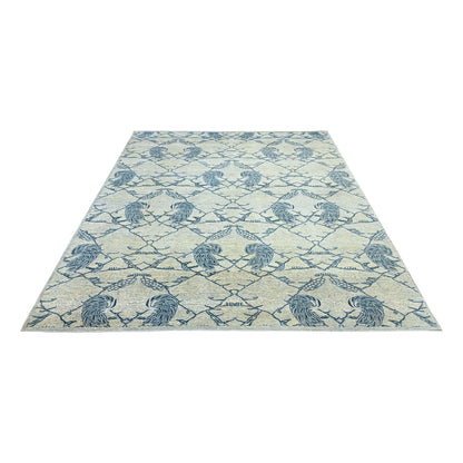 Grey and Blue, Pure Wool Zero Pile Transitional Handknotted 7.9x10.1Ft 240x304Cms Area Rug