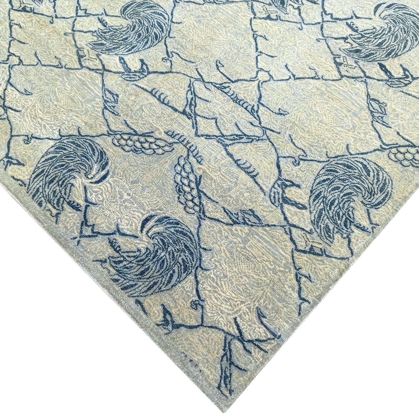 Grey and Blue, Pure Wool Zero Pile Transitional Handknotted 7.9x10.1Ft 240x304Cms Area Rug