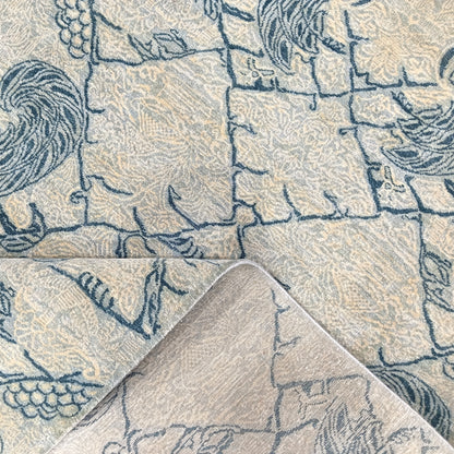 Grey and Blue, Pure Wool Zero Pile Transitional Handknotted 7.9x10.1Ft 240x304Cms Area Rug