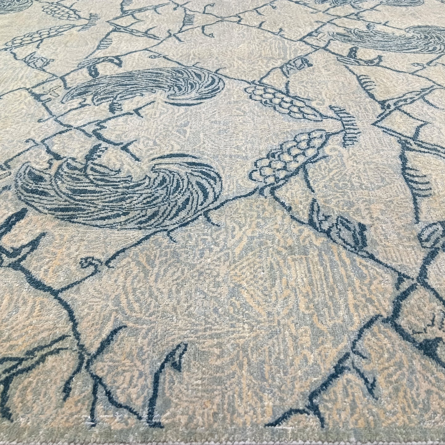 Grey and Blue, Pure Wool Zero Pile Transitional Handknotted 7.9x10.1Ft 240x304Cms Area Rug