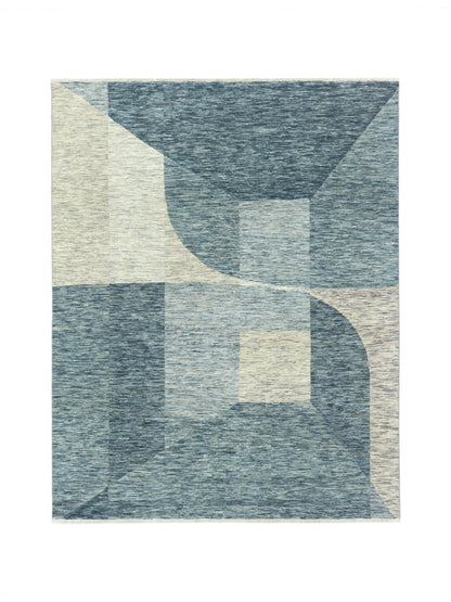 Grey Blue, Pure Wool Modern Abstract Handknotted 8.0x10.0Ft 245x306Cms Area Rug
