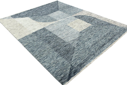 Grey Blue, Pure Wool Modern Abstract Handknotted 8.0x10.0Ft 245x306Cms Area Rug