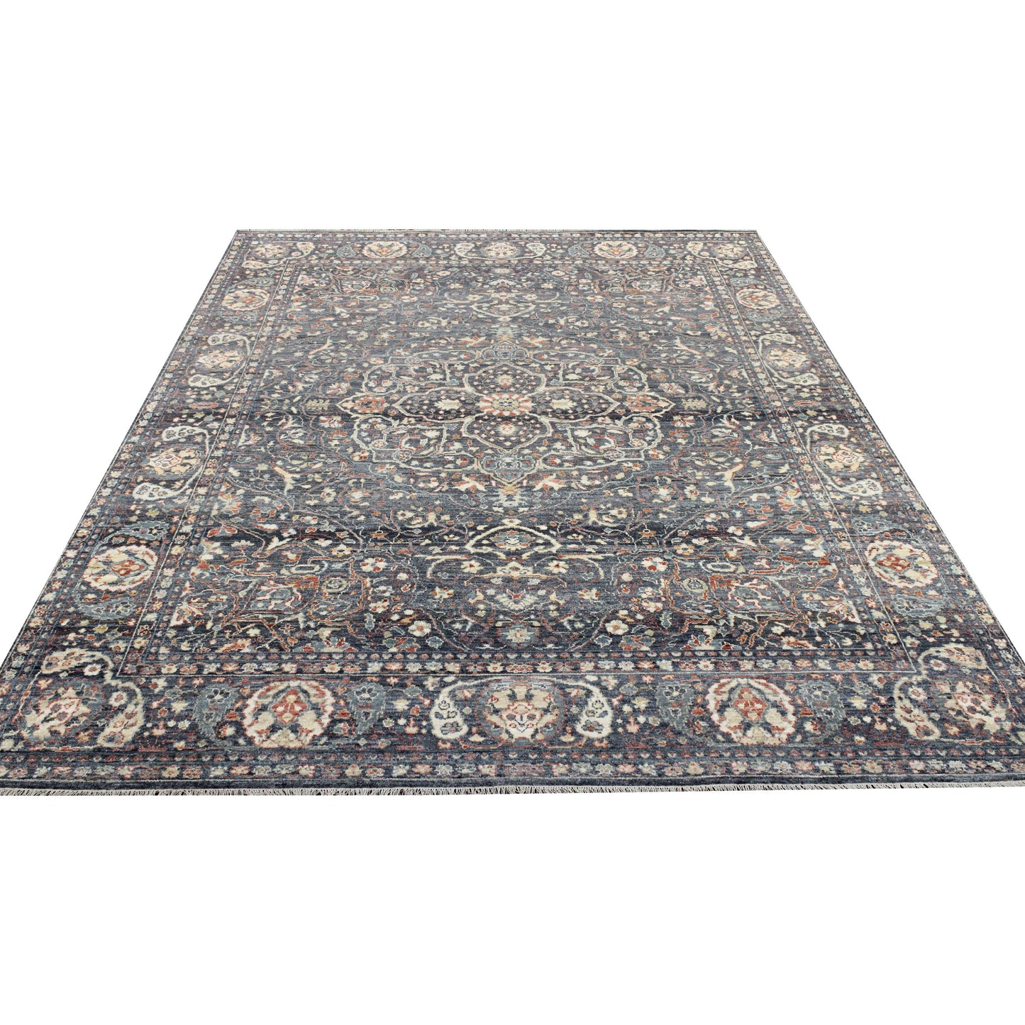Charcoal Multy, Pure Wool Traditional Agra Handknotted 7.11x10.0Ft 241x305Cms Area Rug