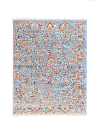 Blue Multy, Pure Wool Traditional Agra Handknotted 7.11x10.0Ft 241x305Cms Area Rug