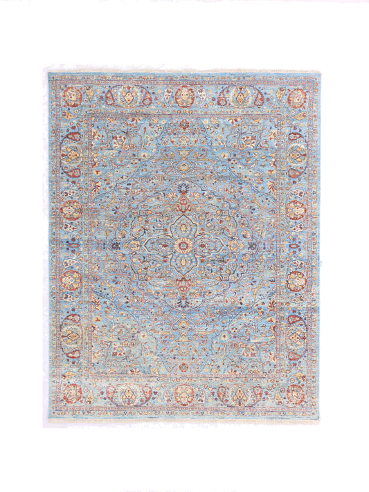 Blue Multy, Pure Wool Traditional Agra Handknotted 7.11x10.0Ft 241x305Cms Area Rug