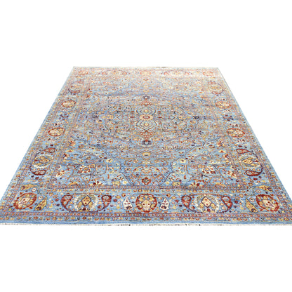 Blue Multy, Pure Wool Traditional Agra Handknotted 7.11x10.0Ft 241x305Cms Area Rug