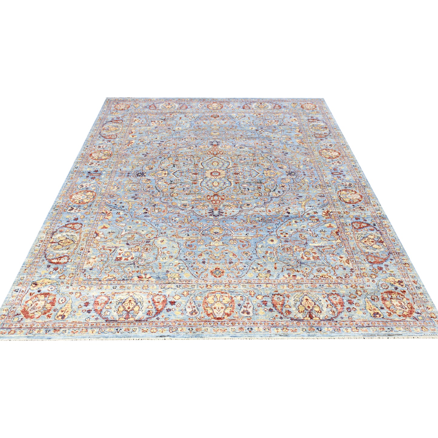 Blue Multy, Pure Wool Traditional Agra Handknotted 7.11x10.0Ft 241x305Cms Area Rug