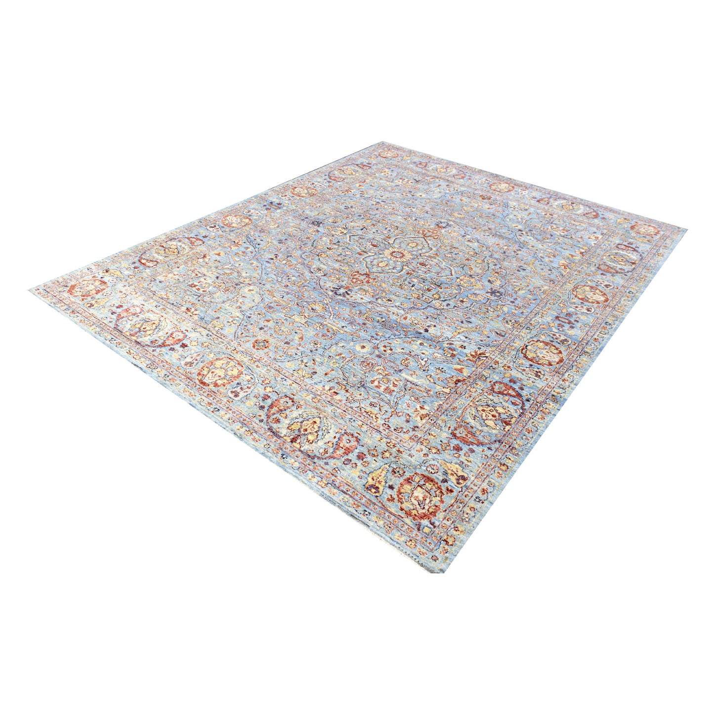 Blue Multy, Pure Wool Traditional Agra Handknotted 7.11x10.0Ft 241x305Cms Area Rug