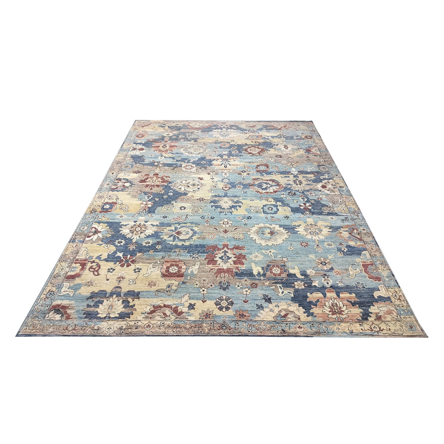 L. Blue Multy, Pure Wool Transitional Agra Handknotted 8.10x12.0ft 270x367Cms Area Rug