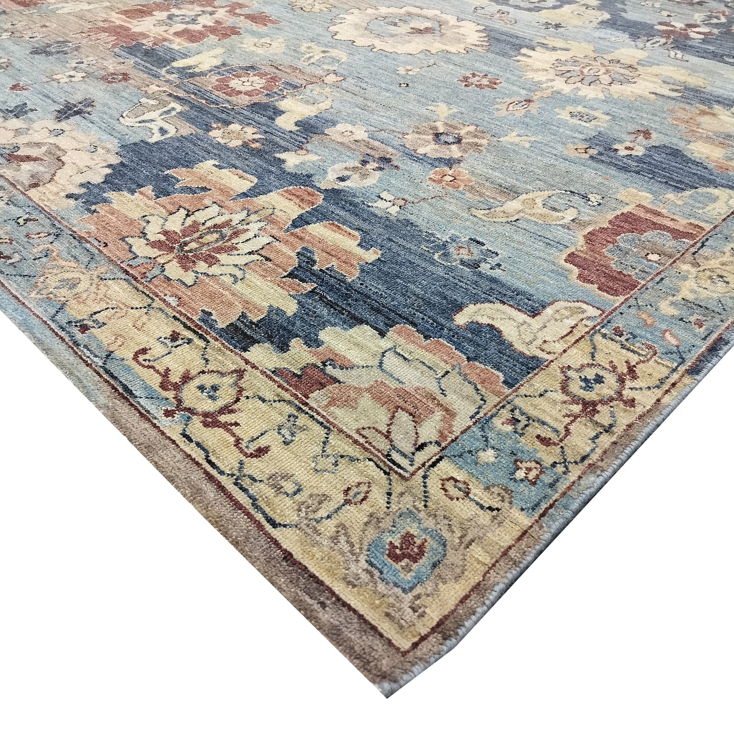 L. Blue Multy, Pure Wool Transitional Agra Handknotted 8.10x12.0ft 270x367Cms Area Rug