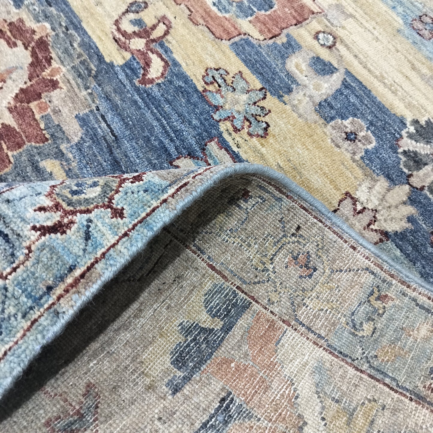 L. Blue Multy, Pure Wool Transitional Agra Handknotted 8.10x12.0ft 270x367Cms Area Rug