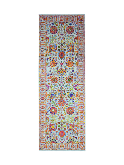 Grey Multy, Sari Silk Wool Traditional Handknotted 3.11x12.1Ft 120x368Cms Area Rug