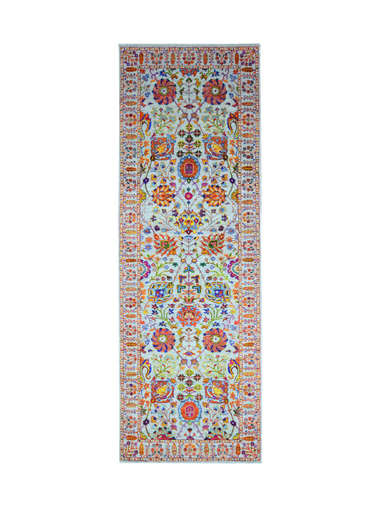 Grey Multy, Sari Silk Wool Traditional Handknotted 3.11x12.1Ft 120x368Cms Area Rug