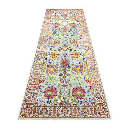 Grey Multy, Sari Silk Wool Traditional Handknotted 3.11x12.1Ft 120x368Cms Area Rug