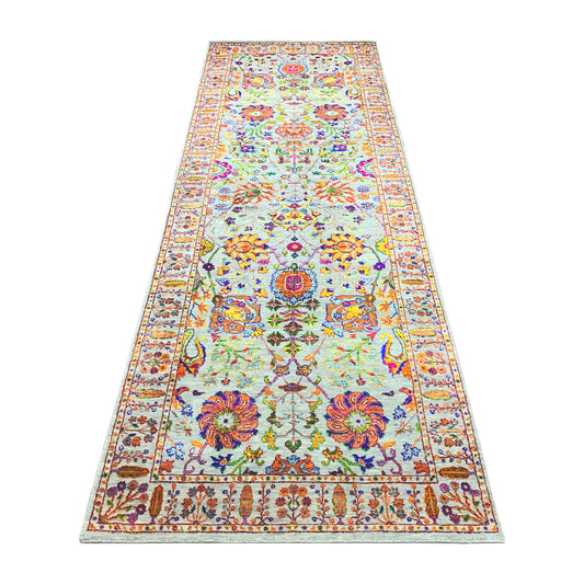 Grey Multy, Sari Silk Wool Traditional Handknotted 3.11x12.1Ft 120x368Cms Area Rug