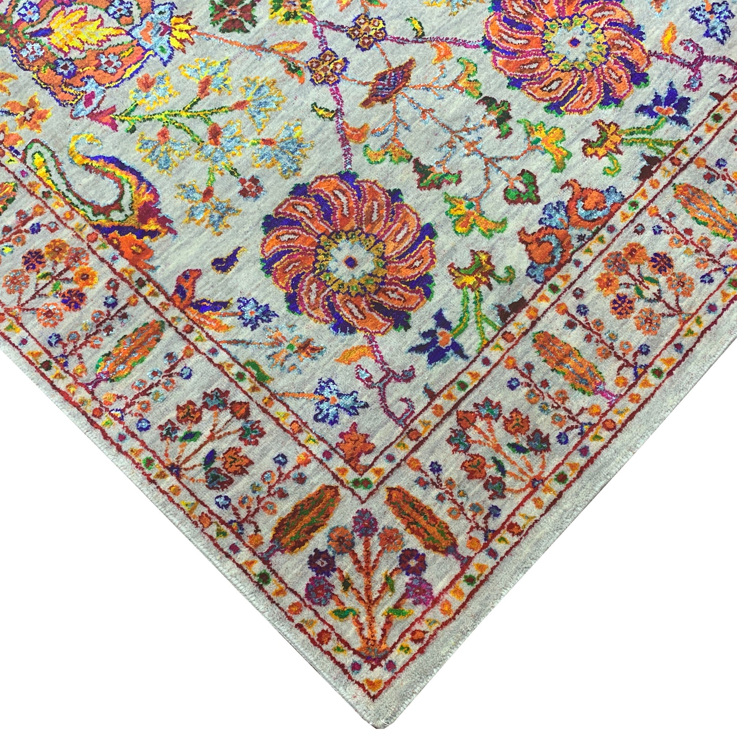 Grey Multy, Sari Silk Wool Traditional Handknotted 3.11x12.1Ft 120x368Cms Area Rug