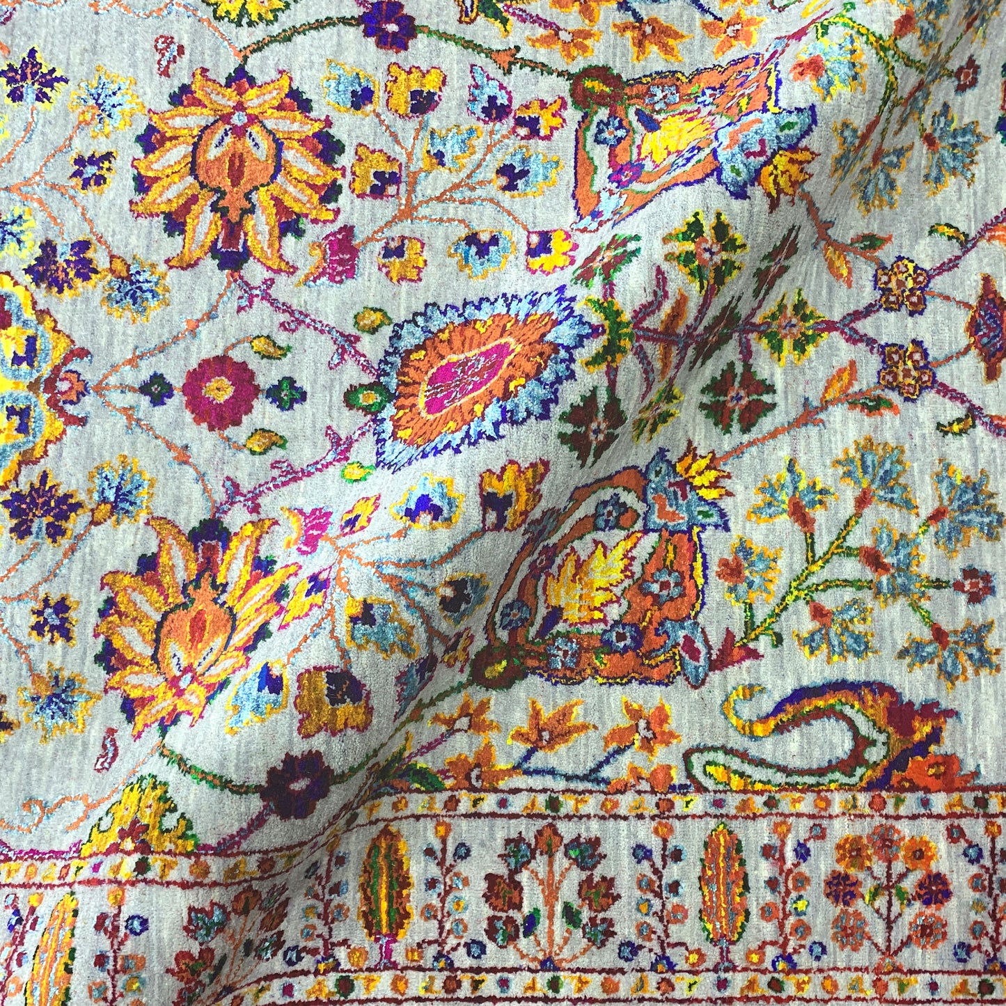 Grey Multy, Sari Silk Wool Traditional Handknotted 3.11x12.1Ft 120x368Cms Area Rug