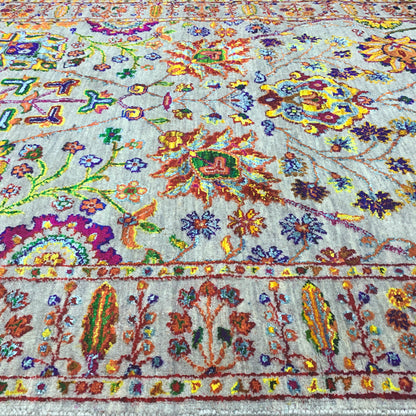 Grey Multy, Sari Silk Wool Traditional Handknotted 3.11x12.1Ft 120x368Cms Area Rug