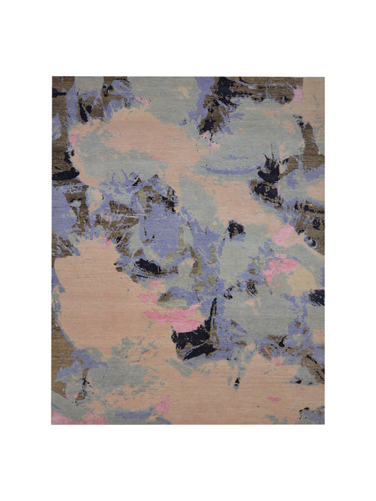 L. Blue, Brown, L. Pink and Black Pure Wool Modern Abstract Handknotted 7.11x10.1ft 243x308Cms Area Rug