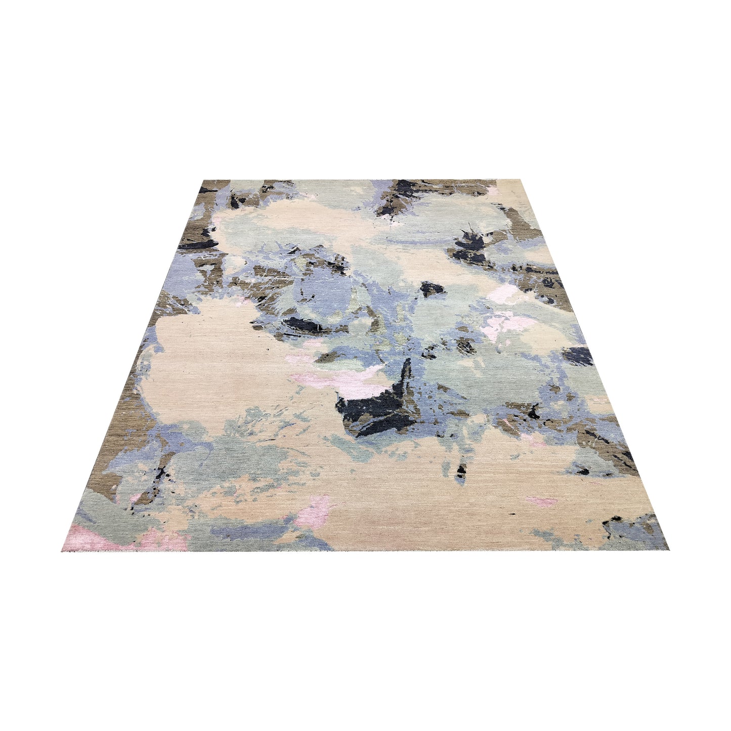 L. Blue, Brown, L. Pink and Black Pure Wool Modern Abstract Handknotted 7.11x10.1ft 243x308Cms Area Rug