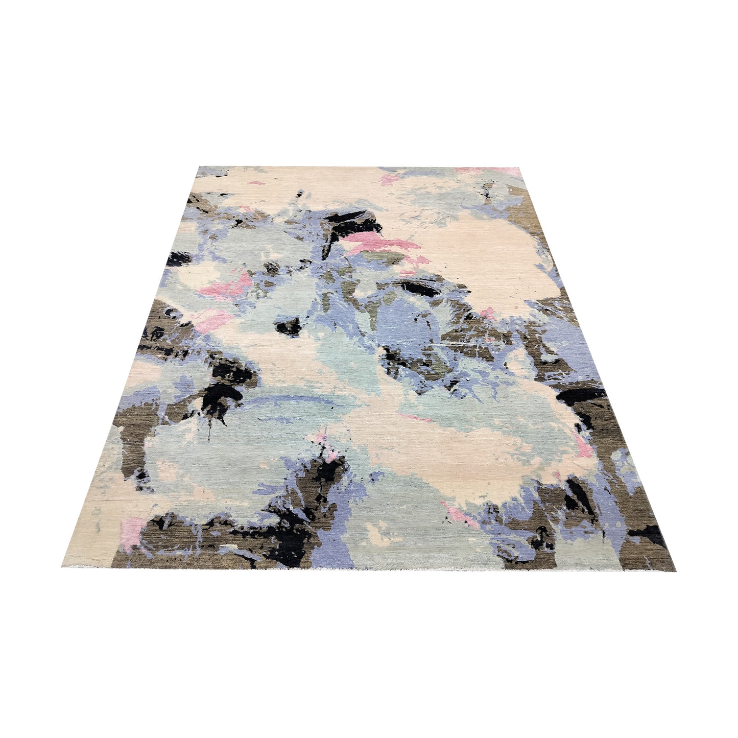 L. Blue, Brown, L. Pink and Black Pure Wool Modern Abstract Handknotted 7.11x10.1ft 243x308Cms Area Rug