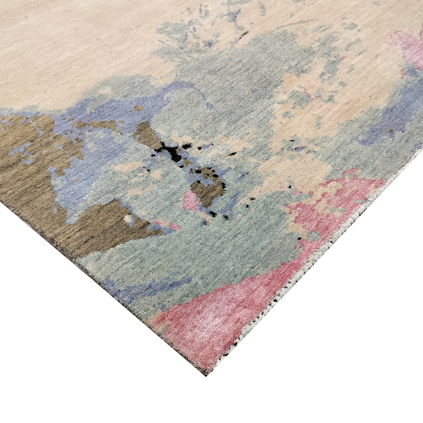 L. Blue, Brown, L. Pink and Black Pure Wool Modern Abstract Handknotted 7.11x10.1ft 243x308Cms Area Rug