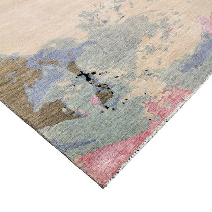 L. Blue, Brown, L. Pink and Black Pure Wool Modern Abstract Handknotted 7.11x10.1ft 243x308Cms Area Rug