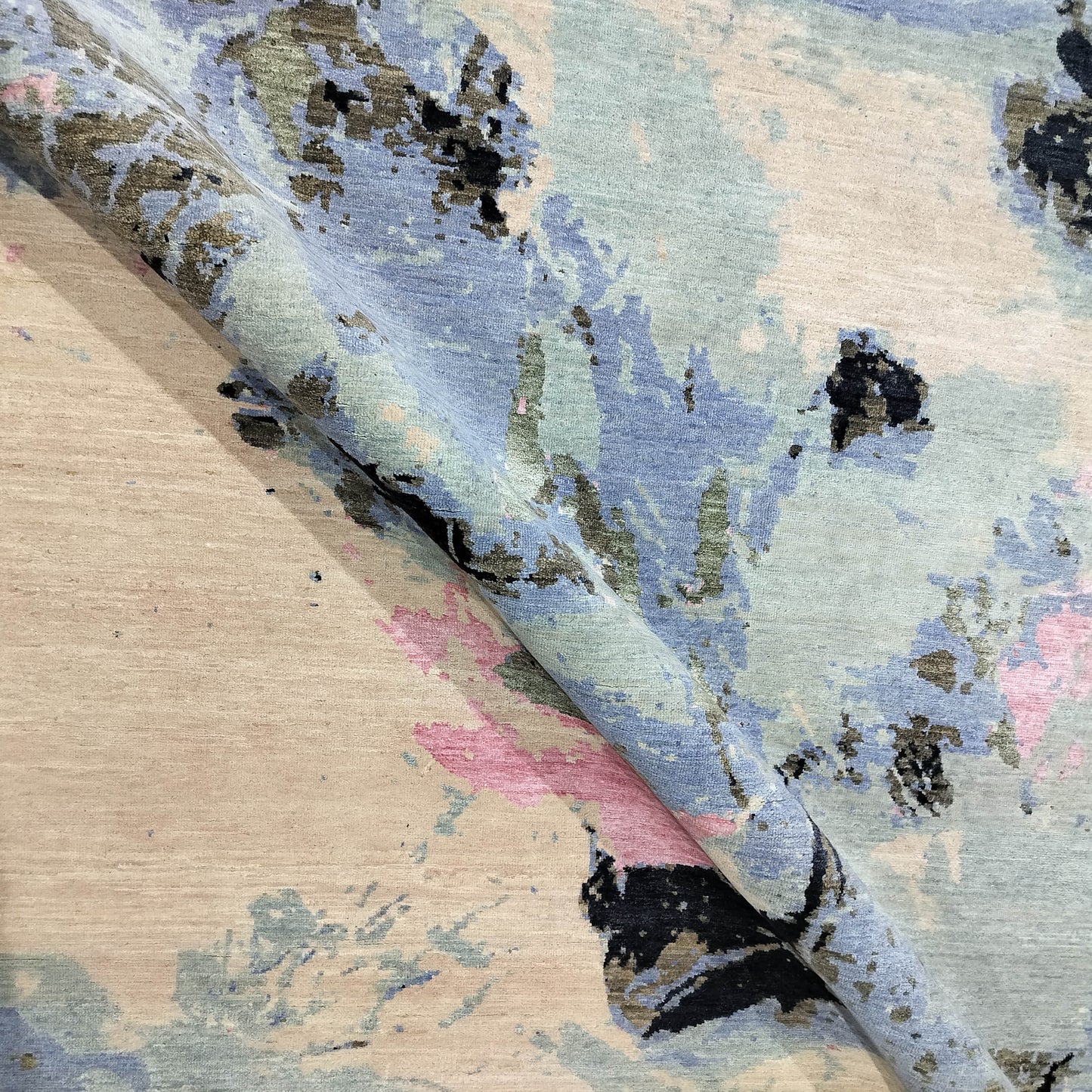 L. Blue, Brown, L. Pink and Black Pure Wool Modern Abstract Handknotted 7.11x10.1ft 243x308Cms Area Rug