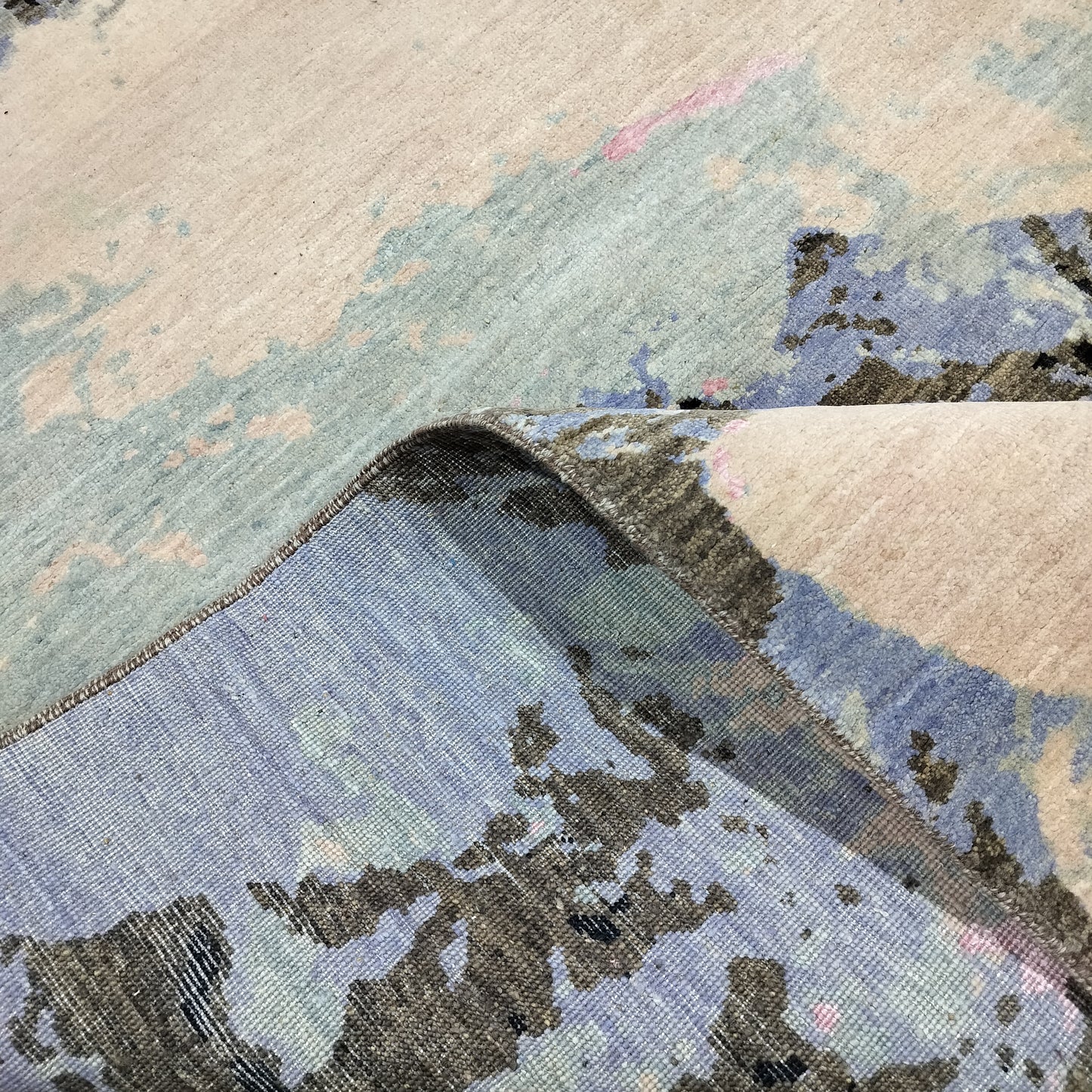 L. Blue, Brown, L. Pink and Black Pure Wool Modern Abstract Handknotted 7.11x10.1ft 243x308Cms Area Rug