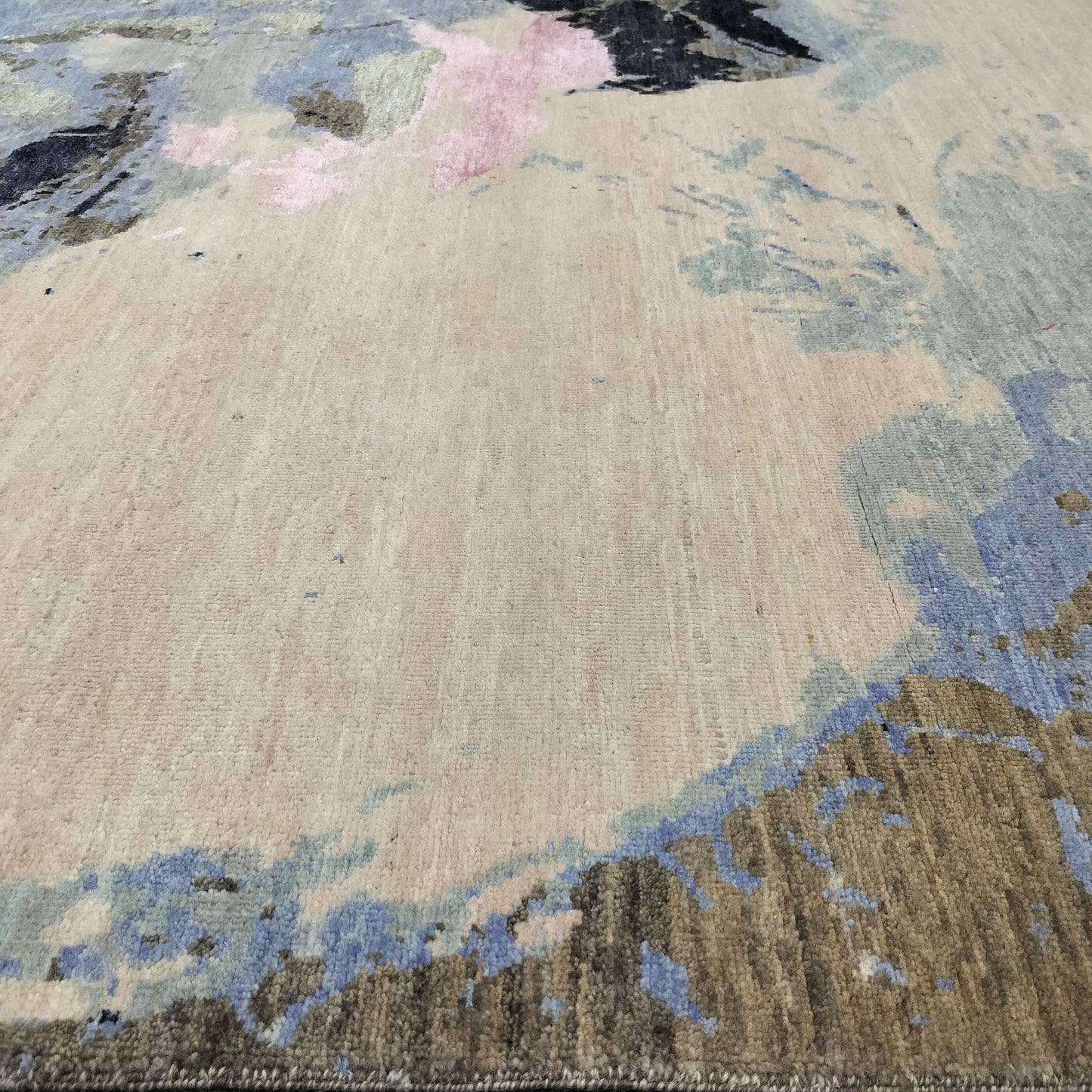 L. Blue, Brown, L. Pink and Black Pure Wool Modern Abstract Handknotted 7.11x10.1ft 243x308Cms Area Rug