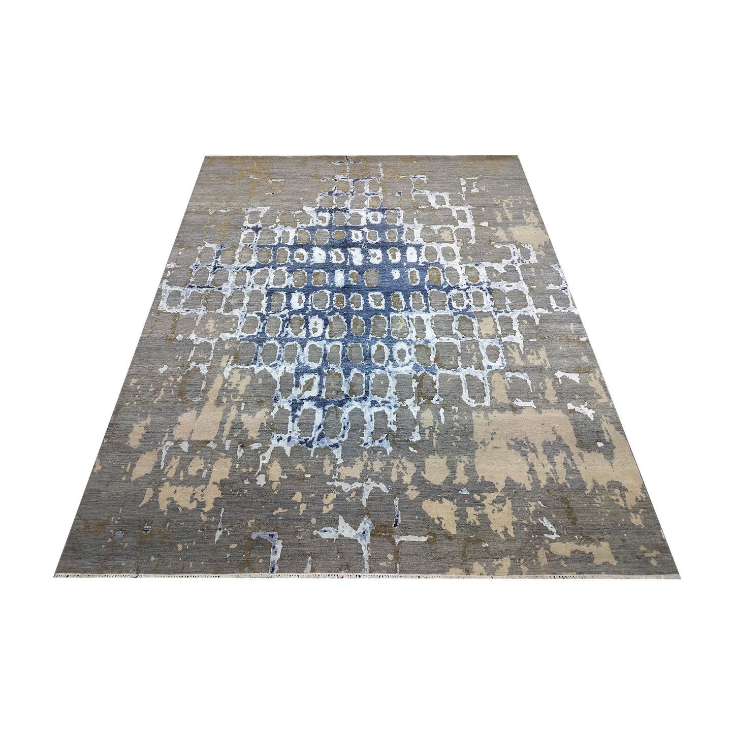 Grey Rust, Blue and Ivory Silk Wool Modern Handknotted 8.0x10.5ft 244x318Cms Area Rug