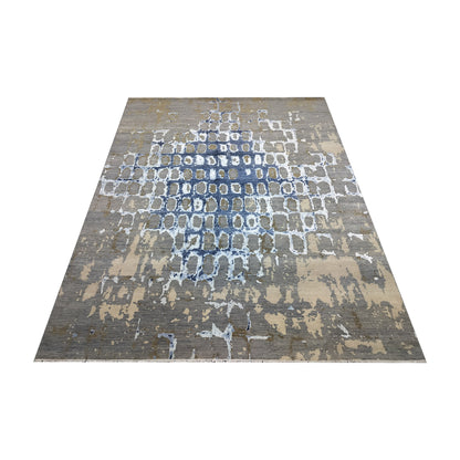 Grey Rust, Blue and Ivory Silk Wool Modern Handknotted 8.0x10.5ft 244x318Cms Area Rug