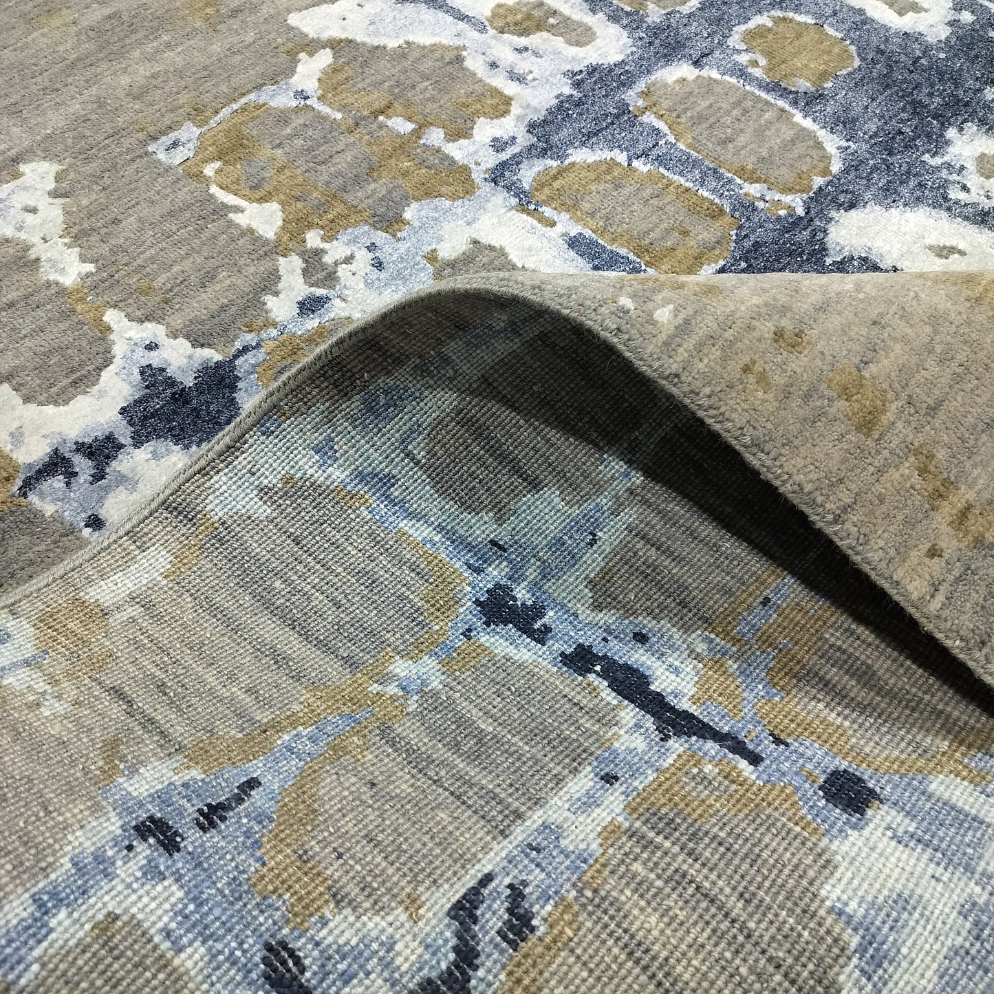 Grey Rust, Blue and Ivory Silk Wool Modern Handknotted 8.0x10.5ft 244x318Cms Area Rug