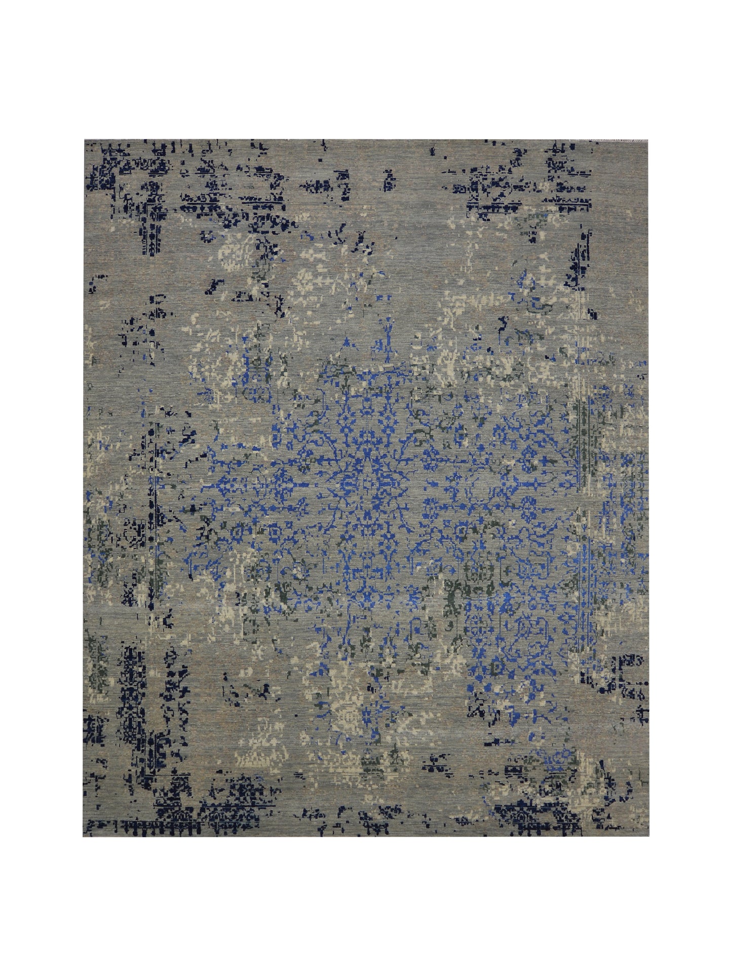Grey, Blue and Ivory Pure Wool Transitional Handknotted 8.1x10ft 247x304Cms Area Rug