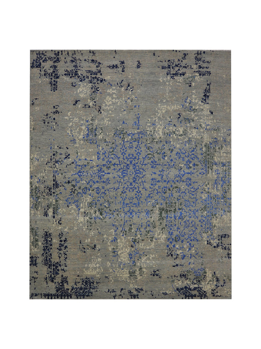 Grey, Blue and Ivory Pure Wool Transitional Handknotted 8.1x10ft 247x304Cms Area Rug