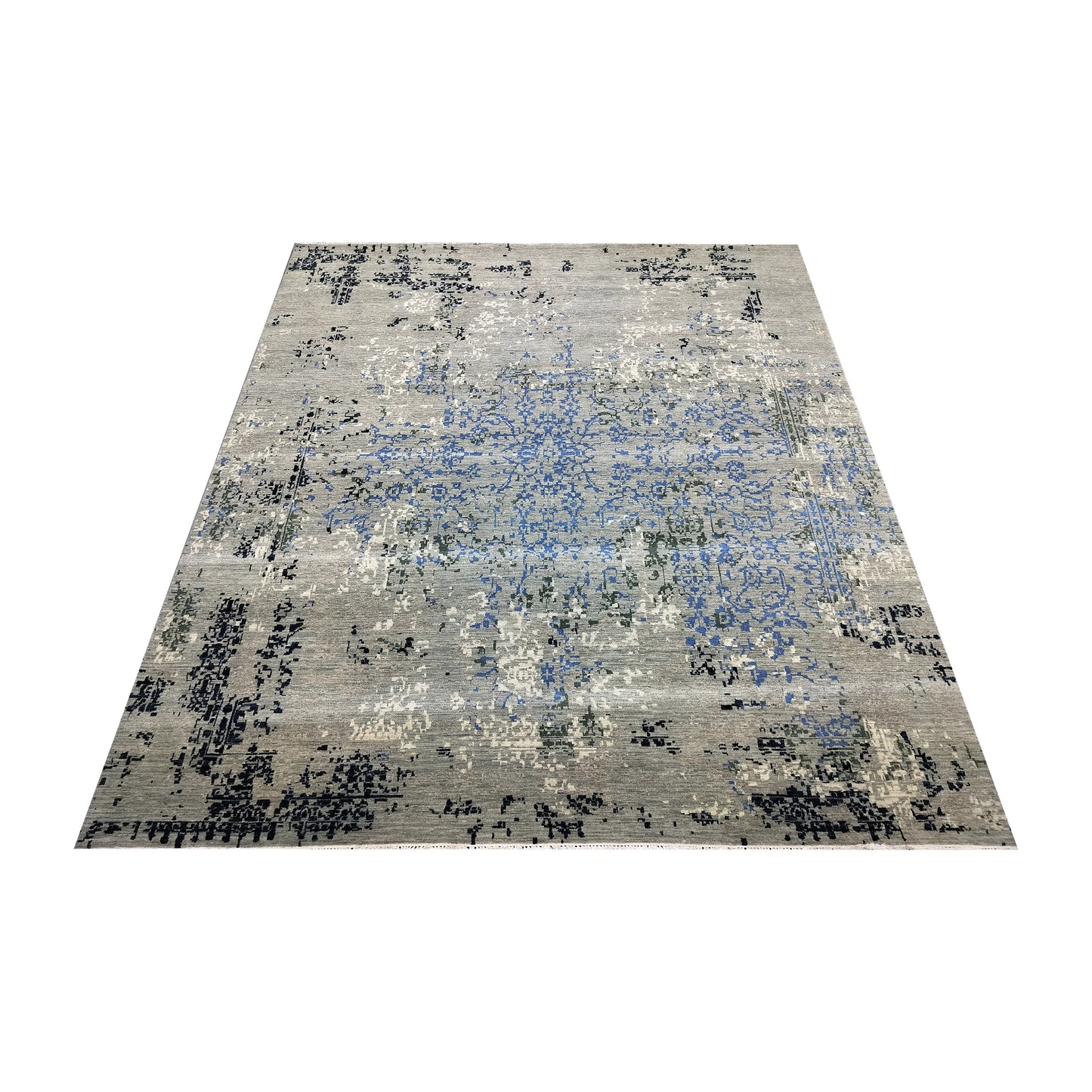 Grey, Blue and Ivory Pure Wool Transitional Handknotted 8.1x10ft 247x304Cms Area Rug