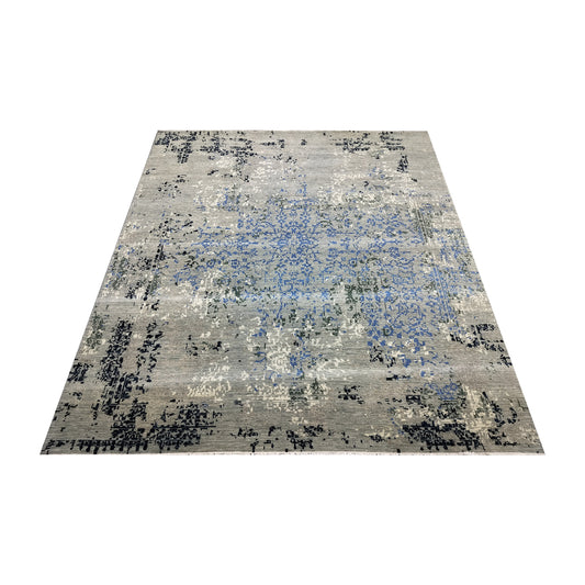 Grey, Blue and Ivory Pure Wool Transitional Handknotted 8.1x10ft 247x304Cms Area Rug