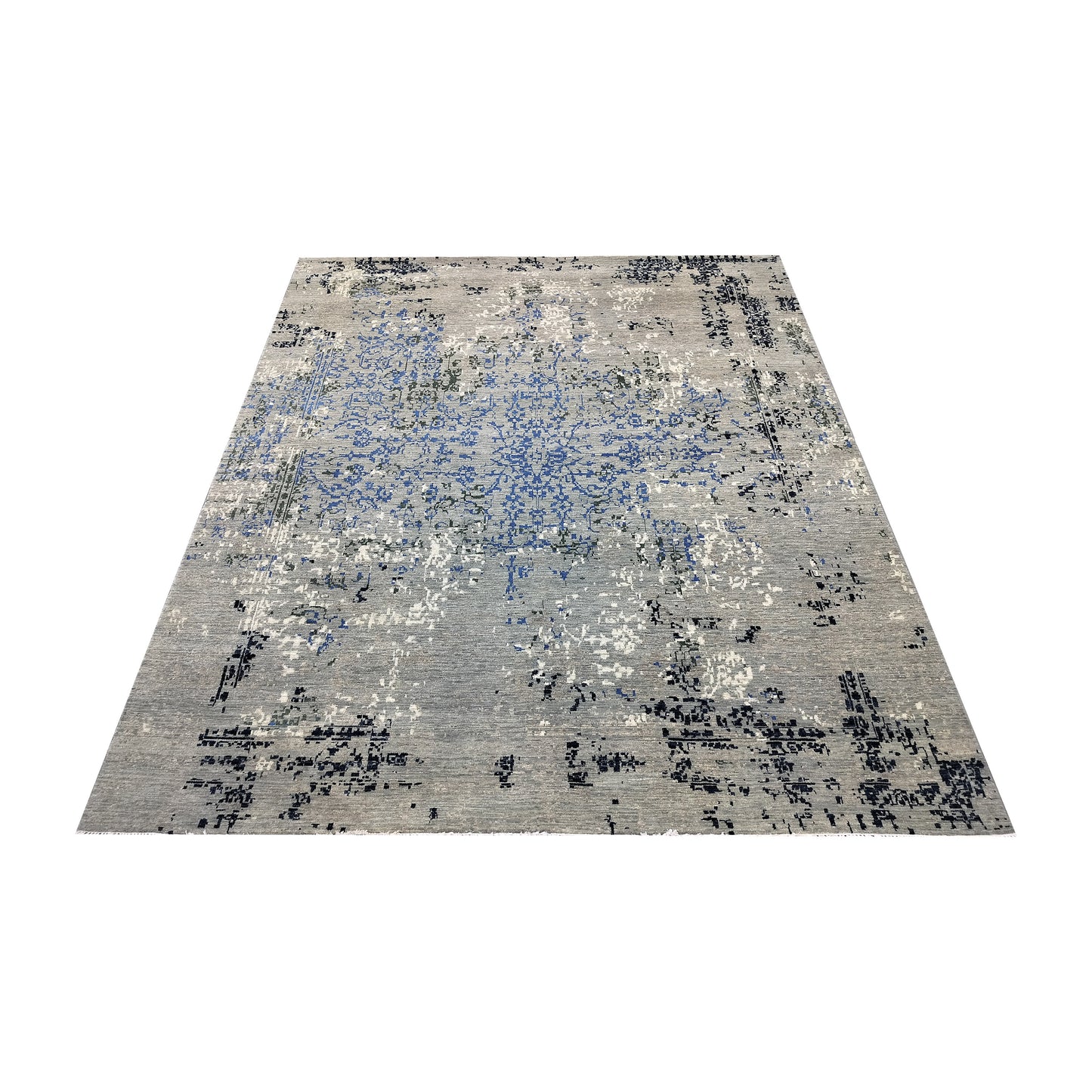 Grey, Blue and Ivory Pure Wool Transitional Handknotted 8.1x10ft 247x304Cms Area Rug