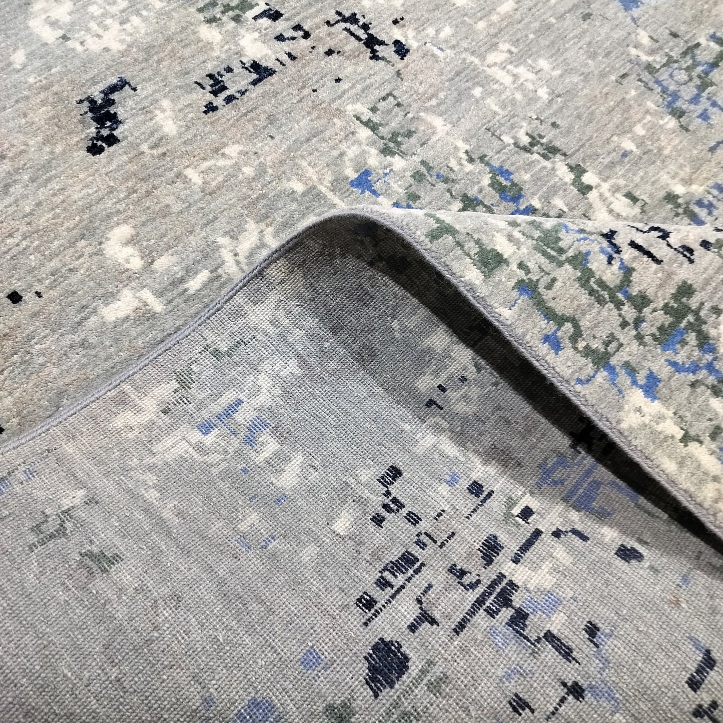 Grey, Blue and Ivory Pure Wool Transitional Handknotted 8.1x10ft 247x304Cms Area Rug